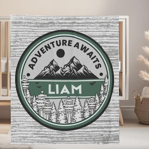 Personalized Adventure Awaits Blanket, Mountain Baby Blanket, custom blanket with name, forest nursery, baby boy baby shower gift, green