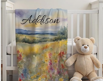 Copertina con fiori di campo per neonata, copertina con nome in minky, cameretta con fiori di campo, regalo per baby shower, copertina personalizzata per neonata, cameretta per bambina