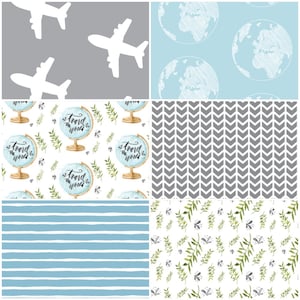 May include: A set of six digital paper patterns featuring a travel theme. The patterns include a globe with the text "Travel the World", airplanes, a chevron pattern, a striped pattern, and a leafy pattern.