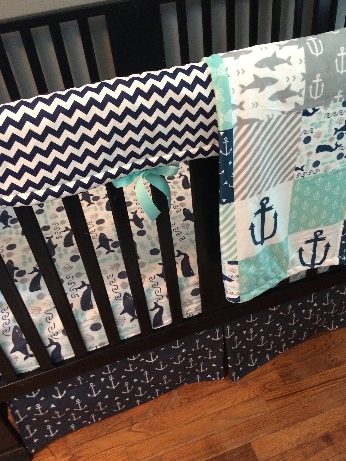 Custom Crib Bedding Set Made to Order Mint Gray Navy Etsy