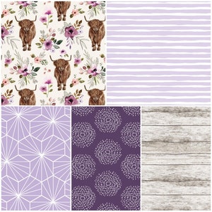 Custom Baby Girl Bedding Set, Crib Bedding Set, Girl Baby Bedding, Farm, Highland Cows, Farmhouse, purple, barnwood, western, nursery decor