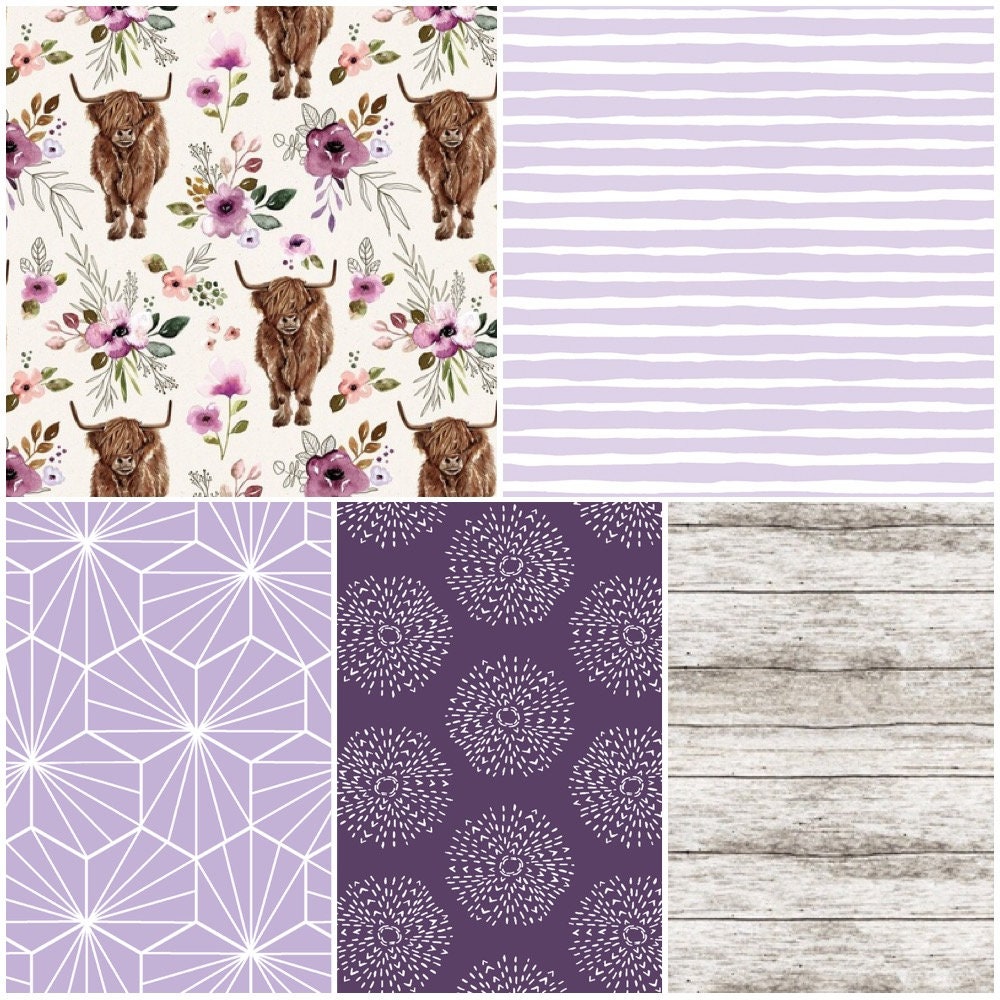 Custom Baby Girl Bedding Set, Crib Bedding Set, Girl Baby Bedding, Farm, Highland Cows, Farmhouse, purple, barnwood, western, nursery decor