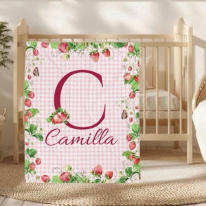Personalized Baby Girl Blanket, Strawberry Baby Blanket, Strawberry Nursery, Custom Baby Girl Blanket, Baby Shower Gift, Name Blanket