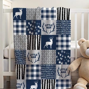 Woodland Baby Boy Blanket in navy blue and grey, Little Man Baby Blanket, Minky Blanket, Nursery, Baby Shower Gift, Forest, Deer, Animal
