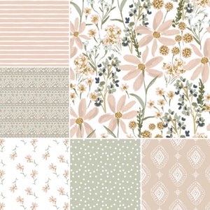 Baby Girl Bedding Set in earth tones of blush, peach, sage, and blue with wild flowers, custom baby bedding, baby girl wild flower