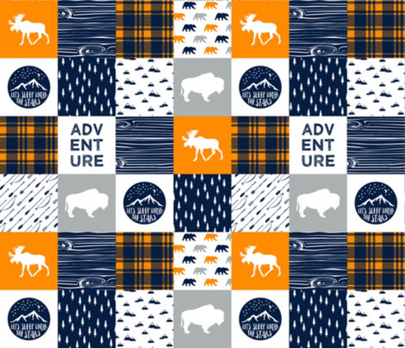 Baby blanket with Minky back in Orange bears gray and navy with a woodland theme including buffalo plaid buffalo and moose