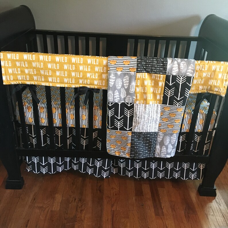 Custom Crib Bedding Set Made To Order Woodland In Black Gray And Mustard Yellow Where The Wild Things Are Theme
