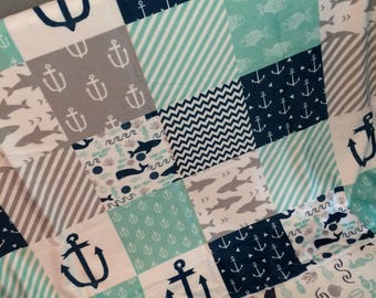 Custom Crib Bedding Set, Made to Order, Mint, gray, navy, nautical, crib skirt, sheet, baby blanket