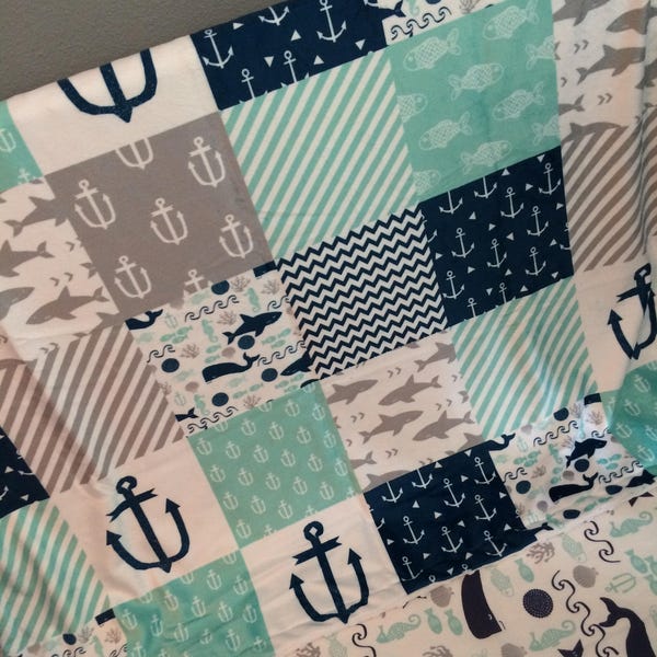 Custom Crib Bedding Set, Made to Order, Mint, gray, navy, nautical, crib skirt, sheet, baby blanket