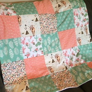 horses Baby girl baby blanket in pink and mint with boho fabrics and including arrows and feathers cactus
