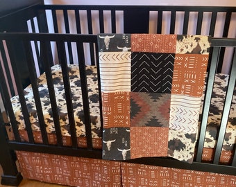 Western Baby Bedding in black, burnt orange, brown, cowboy nursery, boho, crib bedding set, baby boy bedding set, boho western, nursery