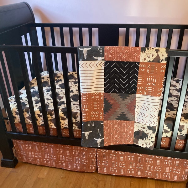 Western Baby Bedding in black, burnt orange, brown, cowboy nursery, boho, crib bedding set, baby boy bedding set, boho western, nursery