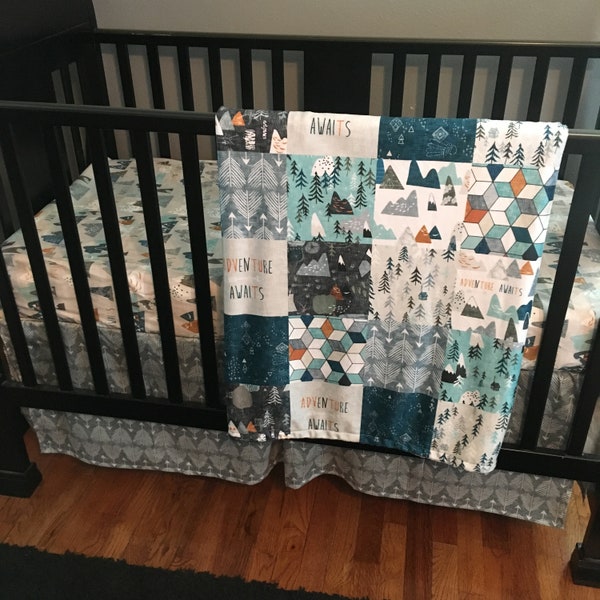 Custom Crib Bedding Set, Made to Order, Woodland, Adventure Awaits, mountains and arrow fabrics in navy and gray