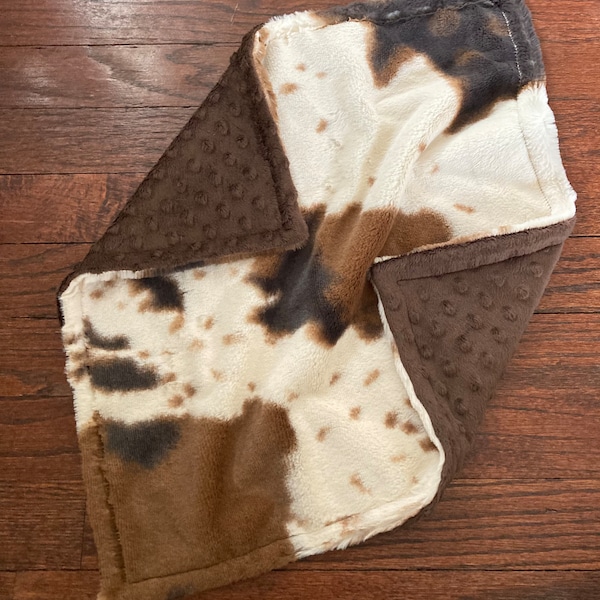 Cowhide Minky Lovey, Double Minky, Western  Security Blanket, Cowhide Minky backed with brown minky dot