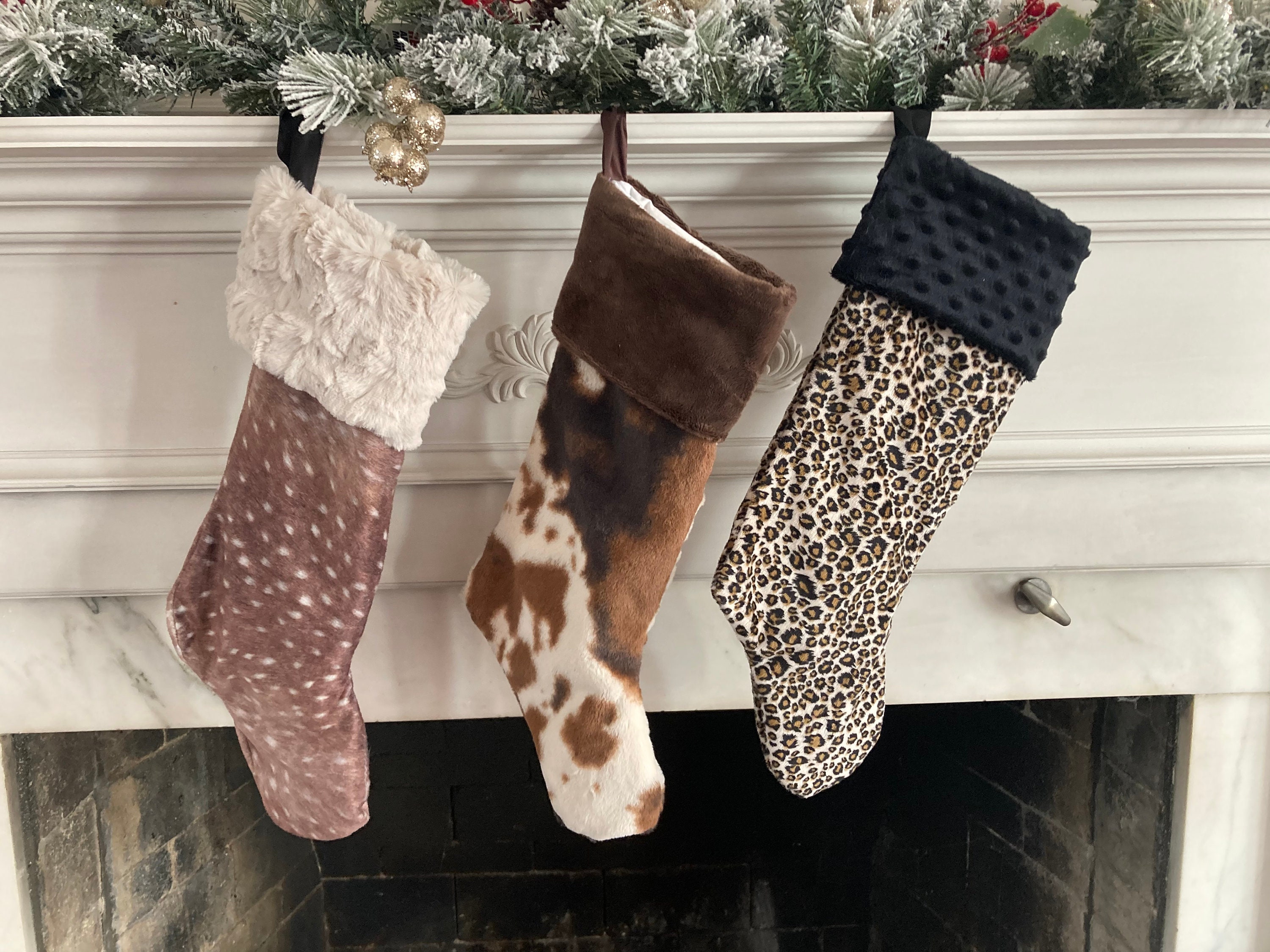 Christmas Stockings, Cow Hide, Deer Hide and Leopard Print, Minky Santa  Sock With Animal Print Designs, Brown, Black and Tan, Xmas Decor - Etsy