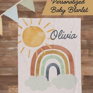 Manta arcoíris para niña, manta personalizada con nombre de Minky, bohemia, arcoíris para bebé, regalo para baby shower, guardería arcoíris, sol