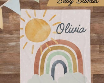 Manta personalizada de minky para bebé niña, estilo boho arcoíris para la habitación infantil.