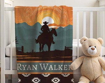 Minky cowboydeken, westerse kinderkamer, gepersonaliseerde deken met naam, cowboybabydeken, cowboy zonsondergang, cowboy slaapkamer, jongensslaapkamer