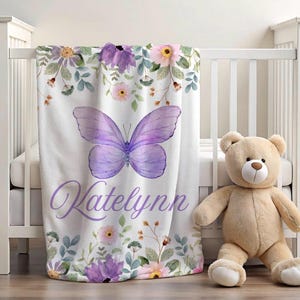 Purple Butterfly Blanket, Baby Girl Minky Blanket, Personalized Name Blanket, Butterfly Nursery, Baby Shower Gift, Custom Baby Blanket