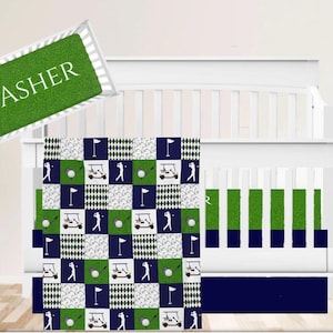 Golf Baby Bedding, Personalized Baby Bedding, Golf Nursery, Custom Crib Bedding Set in green and navy blue, Golf Blanket, Golf Crib Sheet