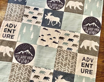 Adventure Baby Bedding Set in navy, dusty blue, gray, Baby Boy Crib Bedding Set, bears, moose, woodland, mountains Patchwork blanket,