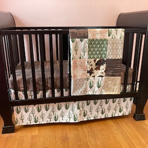 Western Baby Bedding in green, tan and brown with cactus, barn wood, cowhide, baby boy crib bedding set, nursery decor, neutral colors, boho