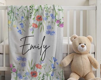 Copertina con fiori di campo per neonata, copertina con nome in minky, cameretta con fiori di campo, regalo per baby shower, copertina personalizzata per neonata, cameretta per bambina