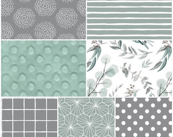 Custom Made to Order Baby Bedding, Gender Neutral in light sage green and gray with eucalyptus leaves and geometric fabrics