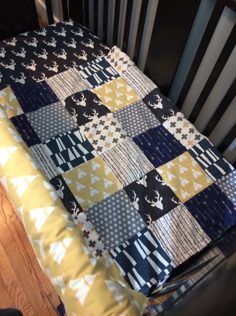 navy mustard yellow Custom made to order baby bedding Woodland set