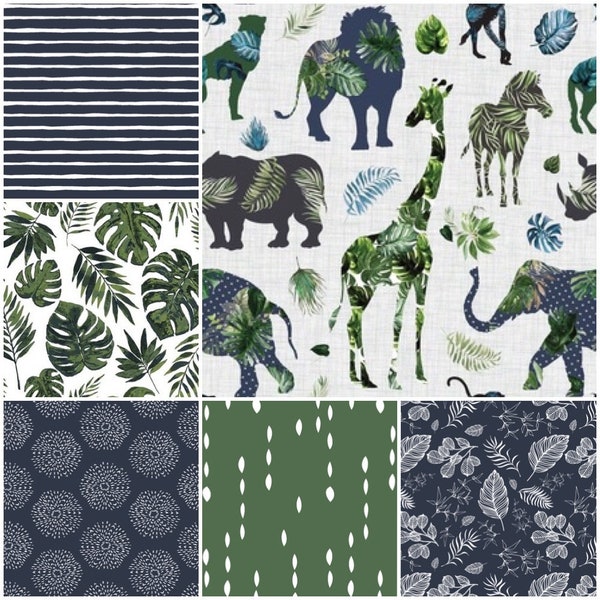 Made to Order Custom Safari Baby Bedding in navy and green, jungle crib bedding set, safari nursery, baby shower gift. Patchwork blanket