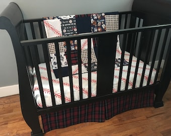 Custom Crib Bedding Set, Made to Order baby boy bedding with a baseball theme featuring navy and red fabrics