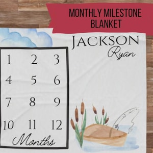 Minky Milestone Blanket, Fishing Blanket, Baby Boy Baby Blanket, Month Blanket, Baby Shower Gift, Monthly Growth Blanket, Fishing Milestone