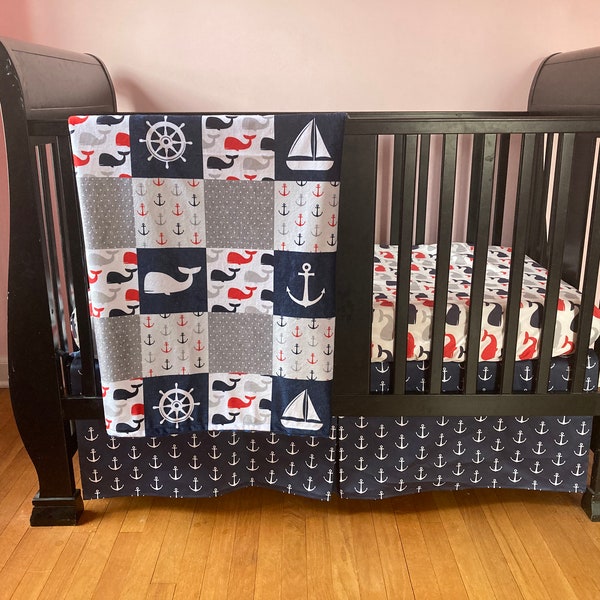 Custom Crib Bedding Set, Made to Order in red, gray, navy, nautical, crib skirt, sheet, baby blanket