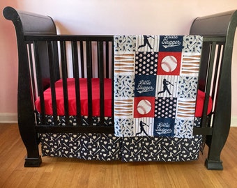 Baby Boy Baseball Crib Bedding Set in navy and red, with classic baseball stripes - crib sheet, skirt, Minky blanket, baseball nursery decor
