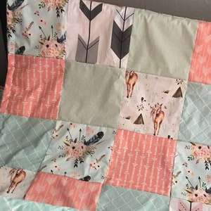 Made to Order Baby Girl Bedding in pink, and mint with wild horses, arrows, florals, and Aztec prints, minky backed blanket