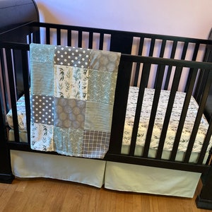 Custom Made to Order Baby Bedding, Gender Neutral in light sage green and gray with eucalyptus leaves and geometric fabrics