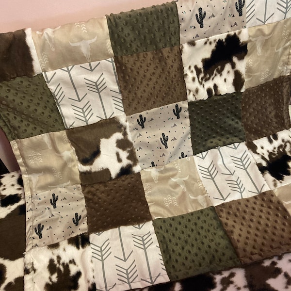 Cactus Baby Bedding in green, brown, tan, Western Nursery, Cowboy Crib Bedding Set in earth tone colors, patchwork baby blanket