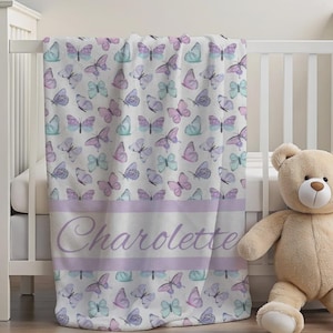 Minky Baby Girl Blanket, Butterfly Baby Blanket, Personalized Baby Name Blanket, Custom Baby Shower Gift, purple butterfly Nursery