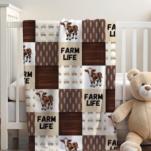 Personalized Baby Blanket, Cow Name Blanket, Farm Nursery, Baby Shower Gift, Farm Life, tractors, Baby boy blanket in brown and tan