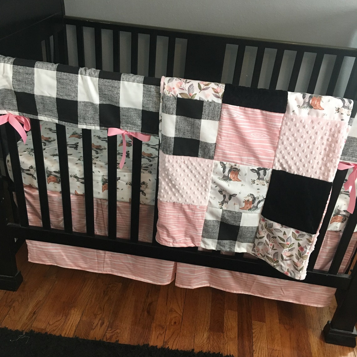 Custom Baby Girl Crib Bedding Set in pink and black with a Etsy