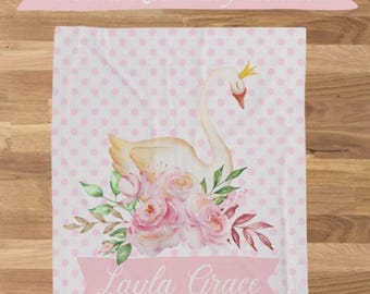 Baby Girl Swan Baby Blanket, pink Swan Nursery, Baby Girl Personalized Blanket, Minky Blanket with Name, Swan Lake, Baby Shower Gift
