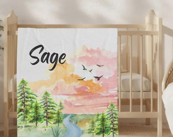Coperta per neonati personalizzata Woodland, Avventura, Coperta con nome Minky, Asilo nido in montagna, Anatre, Regalo per baby shower, Genere neutro, Personalizzata