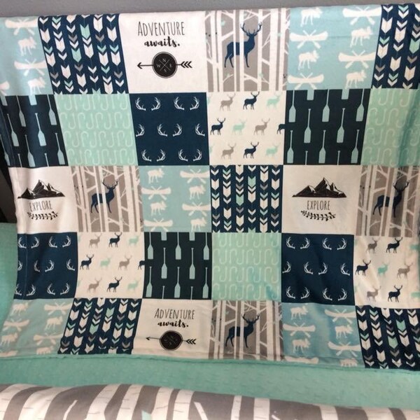 Custom Crib Bedding Set, Made to Order, Baby Boy Bedding set in navy, gray and aqua with a woodland theme of arrows, deer, adventure awaits