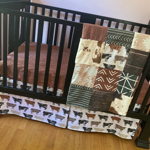 Boho Western Baby Bedding in earth tones of brown and green, boho nursery, baby boy crib bedding set, farm baby bedding, cows, western