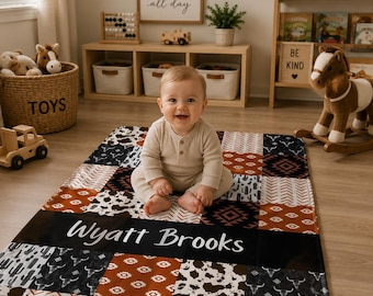 Couverture western pour bébé, couverture de bébé cowboy en noir, orange et beige, couverture personnalisée bébé garçon, couverture Minky avec nom, chambre de bébé cowboy