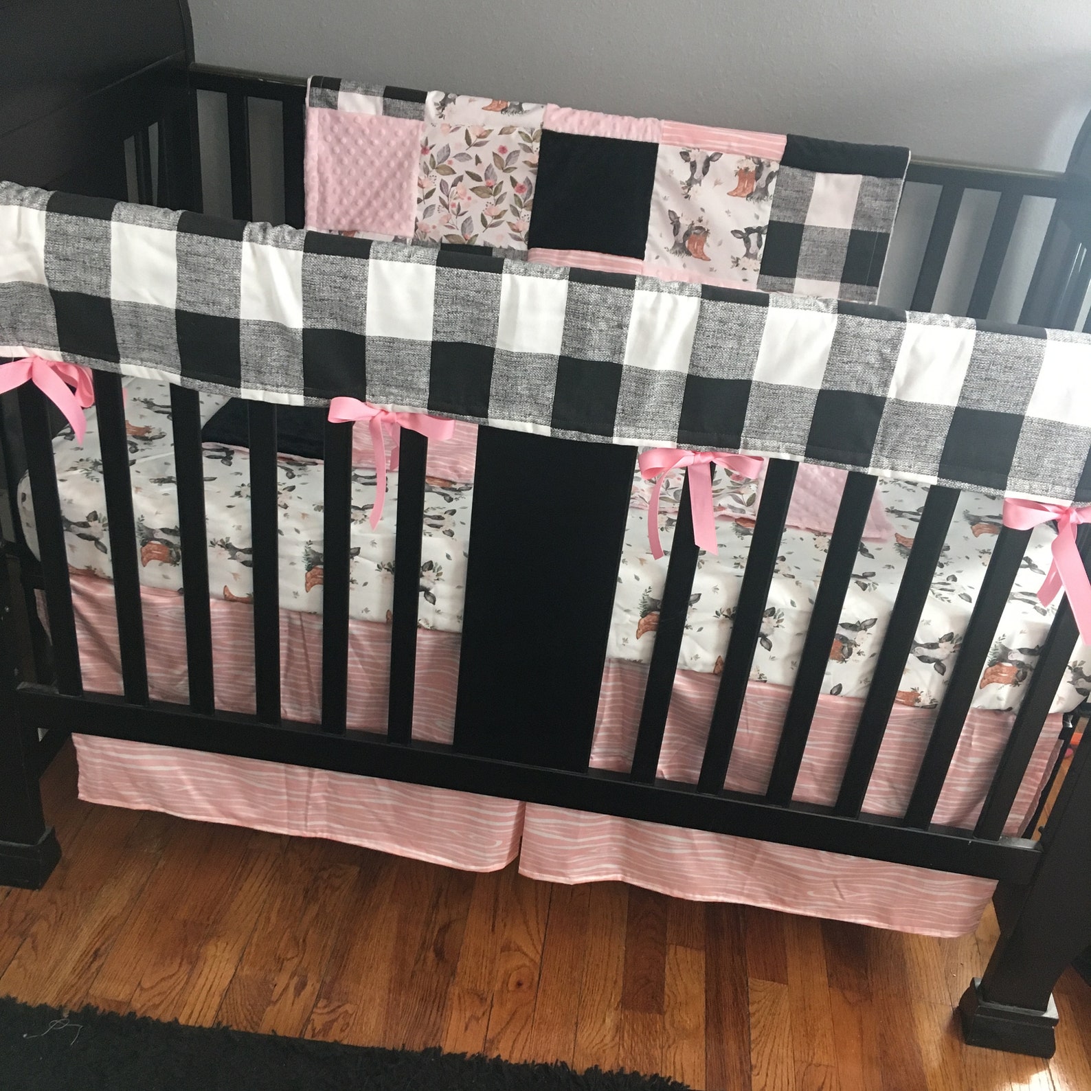 Custom Baby Girl Crib Bedding Set in pink and black with a Etsy