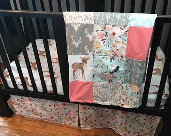 Made to Order Baby Girl Bedding with a boho woodland theme including fawns, flower and arrows in pink, grey and light blue