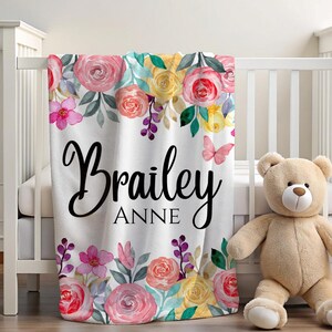 Minky Baby Girl Blanket, Floral Baby Blanket, Personalized Baby Name Blanket, Custom Baby Shower Gift, Flower Nursery, Name Blanket for Girl