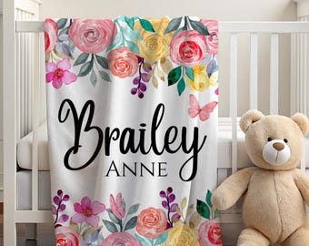 Couverture minky pour bébé fille, couverture florale pour bébé, couverture avec prénom personnalisé, cadeau de baby shower personnalisé, chambre de bébé fleurs, couverture avec prénom pour fille