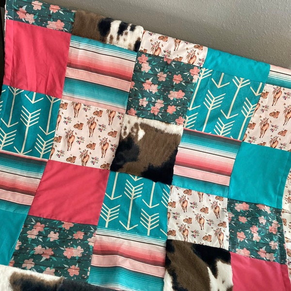 Baby Girl Crib Bedding Set, western cowgirl nursery decor in pink and turquoise, horses, serape, cow hide, patchwork blanket, skirt, sheet